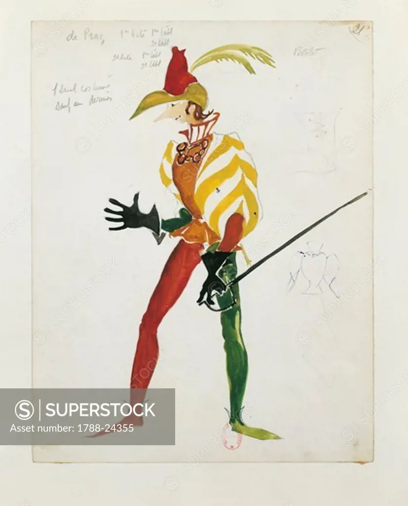 France, Paris, Costume sketch for Pistola in opera ""Falstaff"" by Giuseppe Verdi (1813-1901) for performance at Paris Opera Comique on May 16, 1952