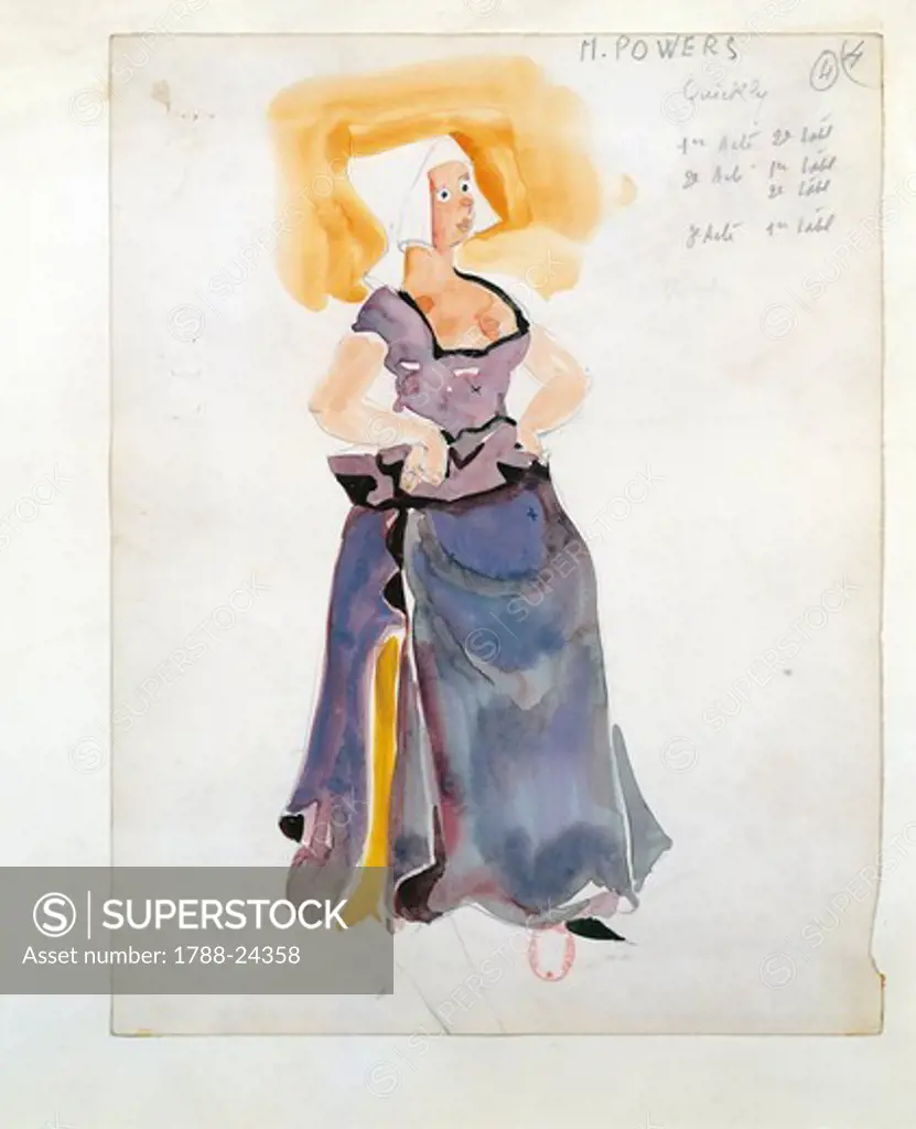 France, Paris, Costume sketch for Quickly in opera ""Falstaff"" by Giuseppe Verdi (1813-1901) for performance at Paris Opera Comique on May 16, 1952