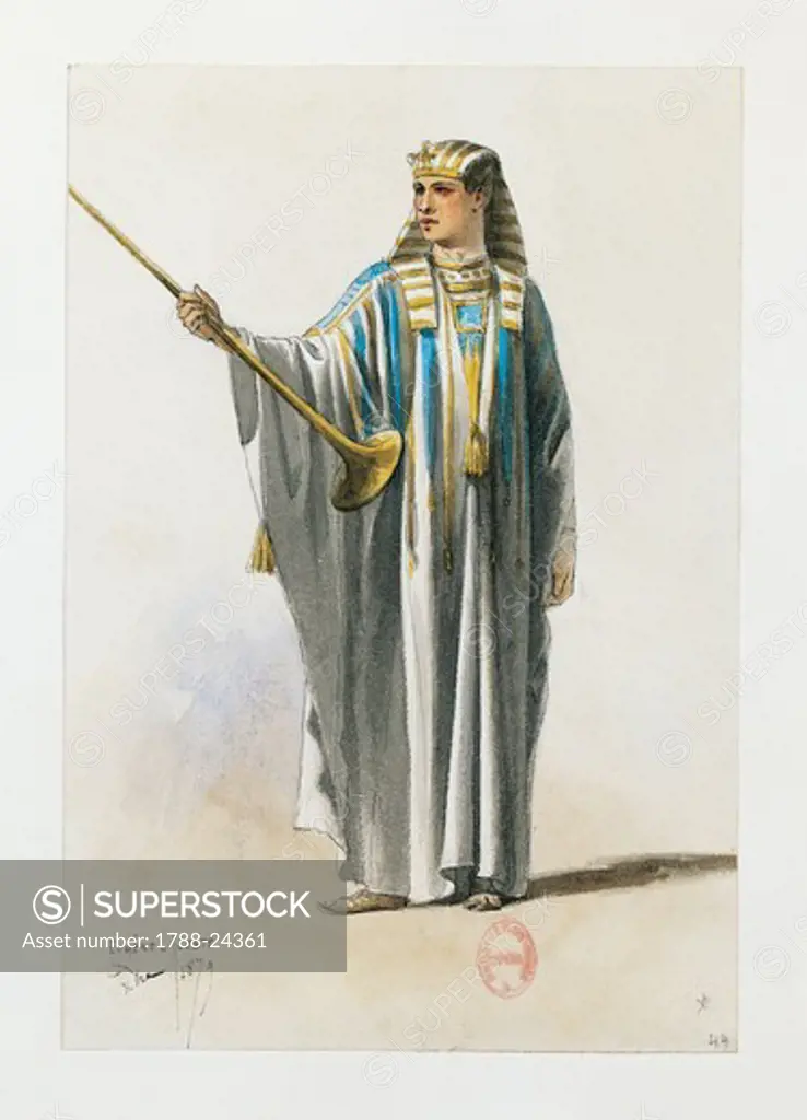 France, Paris, Costume sketch for trumpet player in Aida by Giuseppe Verdi for the performance at Paris, Salle Garnier