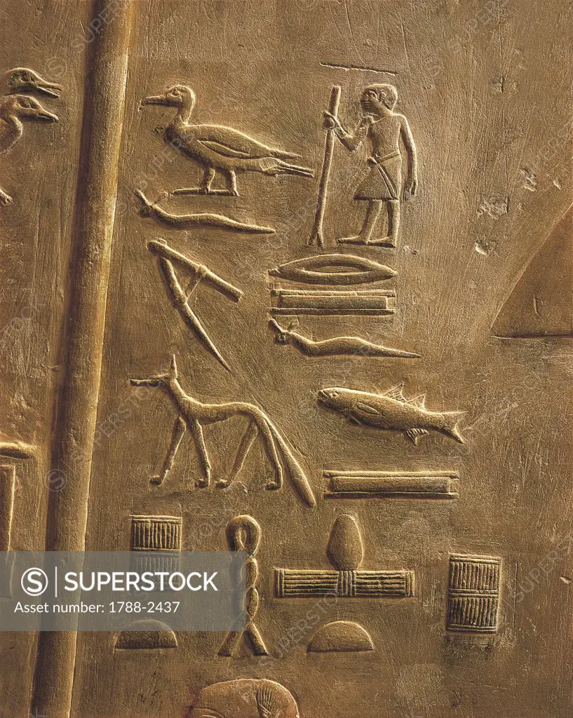 Paleography - Egypt - Cairo - Ancient Memphis (UNESCO World Heritage List, 1979). Saqqara. Necropolis. Private funerary mastaba of vizier Ptahhotep. Old Kingdom, 5th Dynasty. Relief of hieroglyphs of Ptahhotep titles.