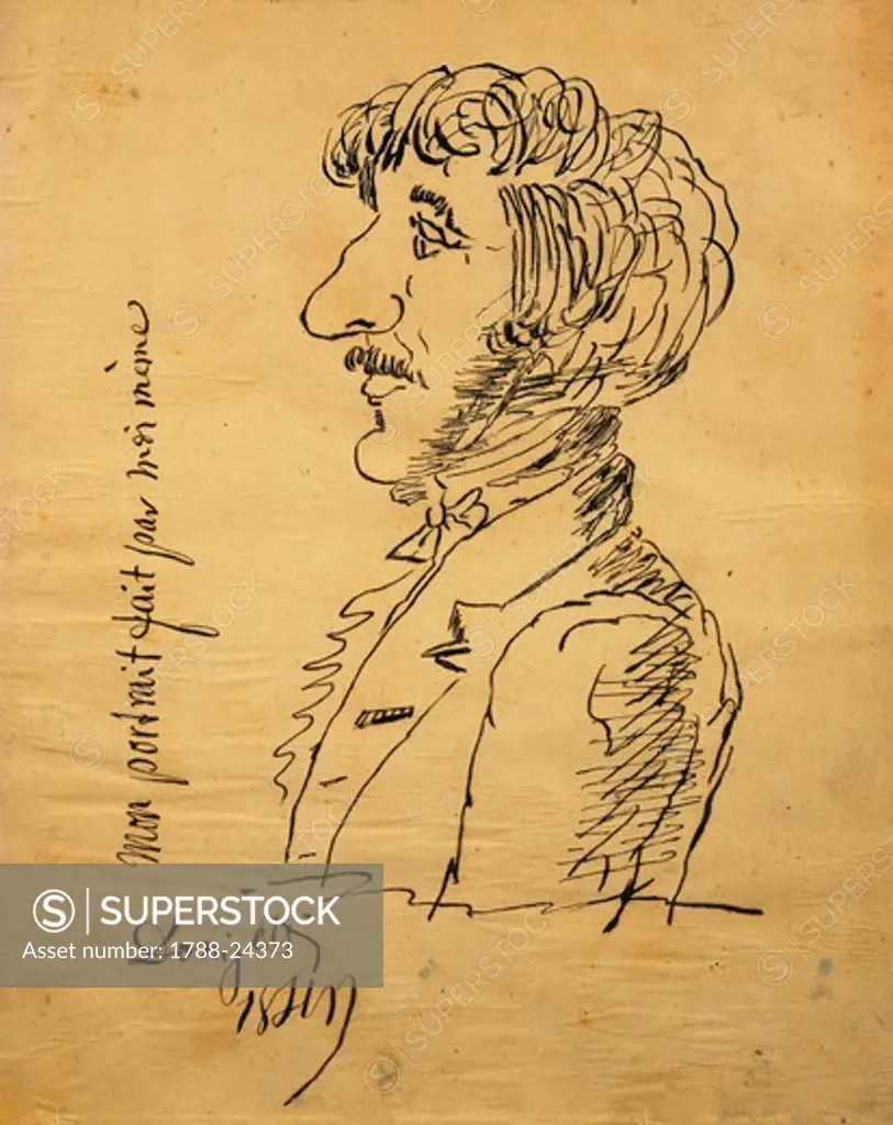 Italy, Bergamo, Self-caricature of Italian composer Gaetano Donizetti, Pen drawing