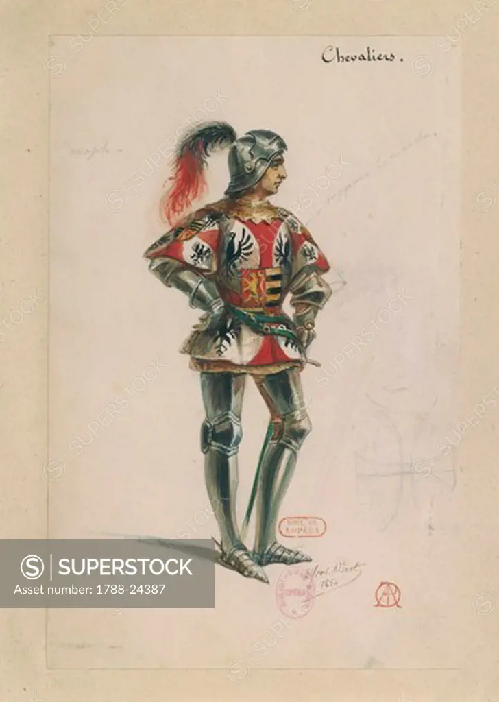 France, Paris, Costume sketch for a knight in The Troubadour by Giuseppe Verdi
