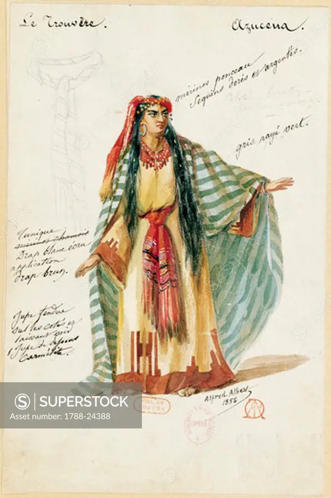 France, Paris, Costume sketch for Azucena in The Troubadour by Giuseppe Verdi