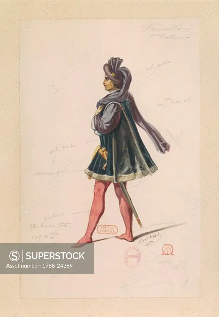 France, Paris, Costume sketch for Ferrando in The Troubadour by Giuseppe Verdi