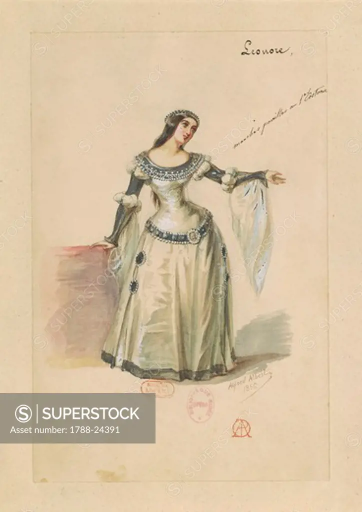 France, Paris, Costume sketch for Leonora in The Troubadour by Giuseppe Verdi