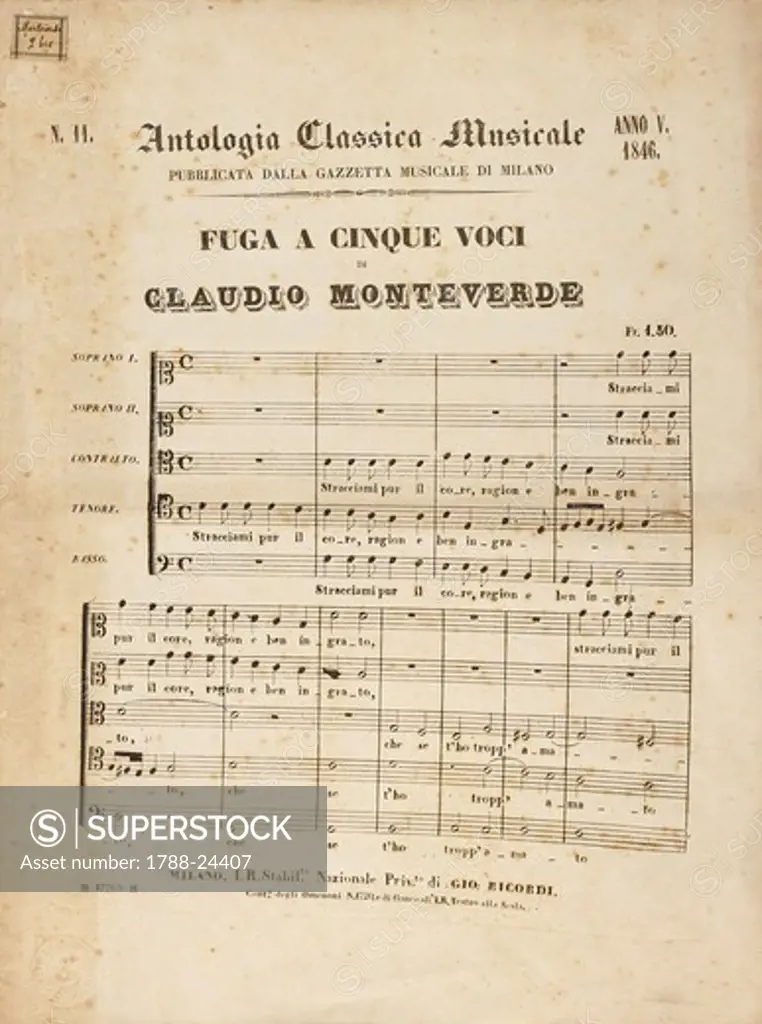 Italy, Cremona, Fugue for 5 voices from the ""Antologia Classica Musicale"" by Claudio Monteverdi