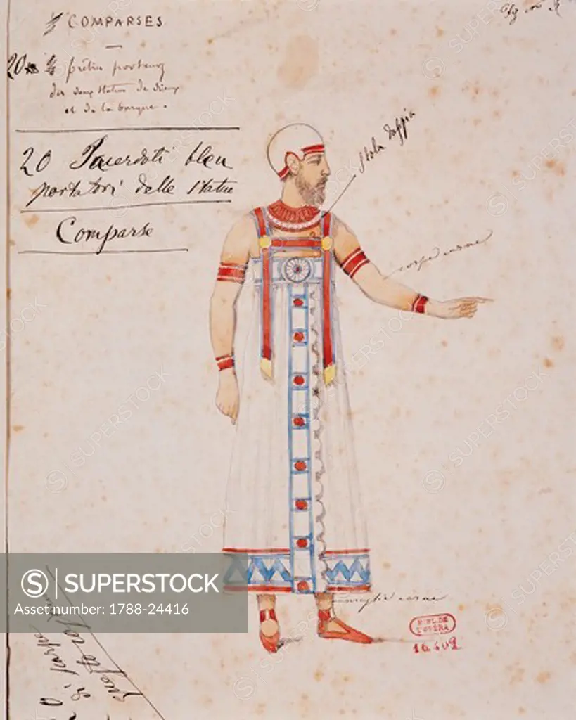 France, Paris, Costume sketch for extra for Aida by Giuseppe Verdi for Premiere at Khedivial Opera House in Cairo