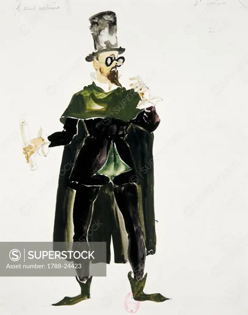 France, Paris, Costume sketch for Cajus in Falstaff by Giuseppe Verdi for the performance at Paris Opera Comique