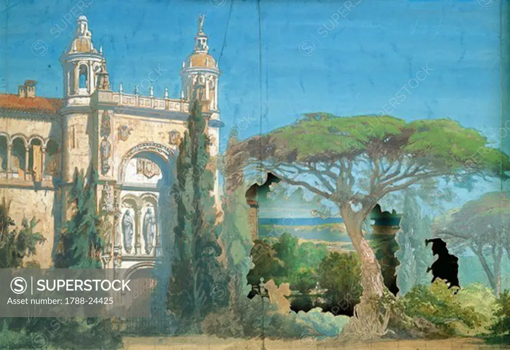 France, Paris, Set design for Don Carlos by Giuseppe Verdi, act II, scene 2, At the monastery of Saint-Just, Performance at the Paris Opera, Salle Le Peletier