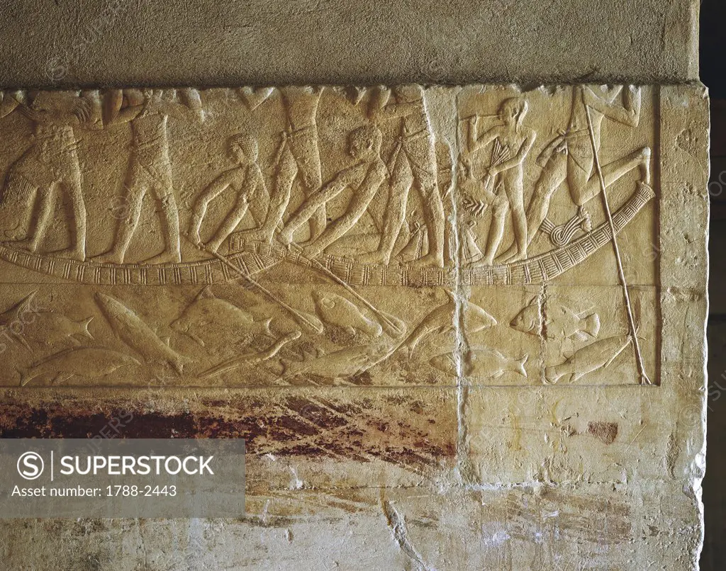 Egypt - Cairo - Ancient Memphis (UNESCO World Heritage List, 1979). Saqqara. Necropolis. Private funerary mastaba of Kagemni. Old Kingdom, 6th Dynasty. Great Hall. Relief of fishing scene
