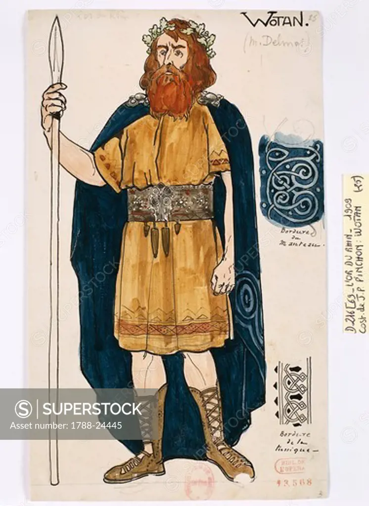 France, Paris, Costume sketch for Wotan in The Ring of the Nibelung - The Rhinegold by Richard Wagner for the performance at Paris Opera