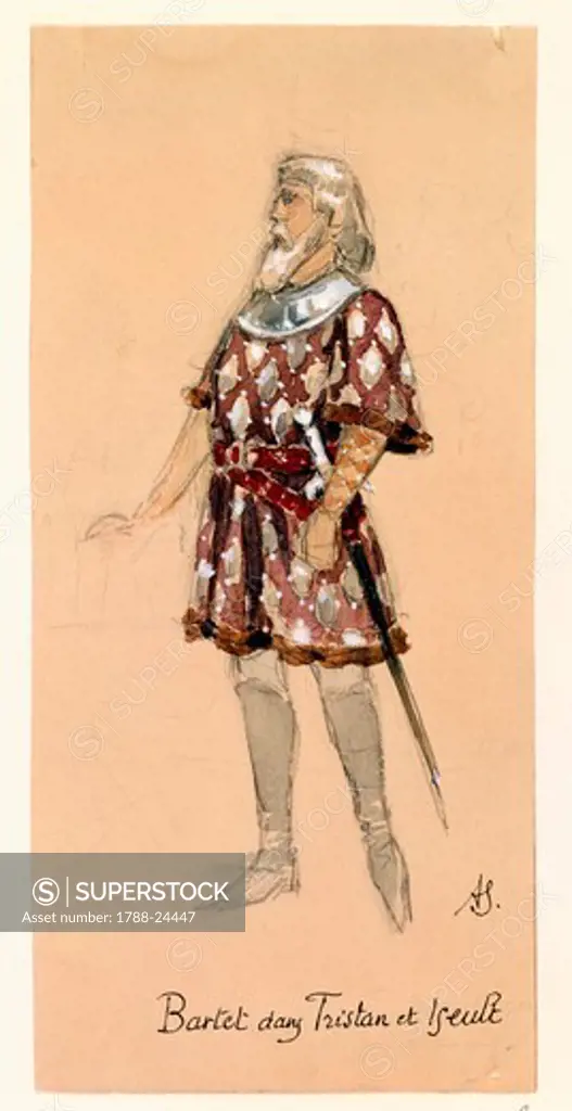 France, Paris, Costume sketch for Kurwenal in Tristan and Isolde by Richard Wagner for Performance at Paris Palais Garnier