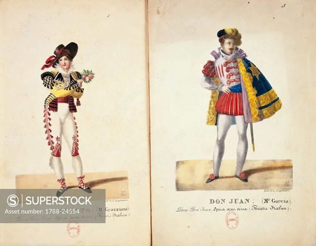 France, Paris, costume sketch for Masetto and Don Giovanni, for performance Don Giovanni or the rake punish'd at Theatre Royal Italien