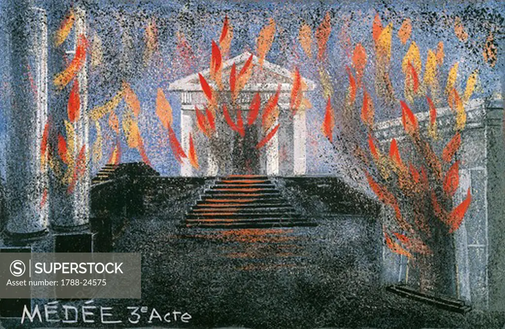 France, Paris, set design for performance Medea act III at Paris Opera, by Maurice Brunet