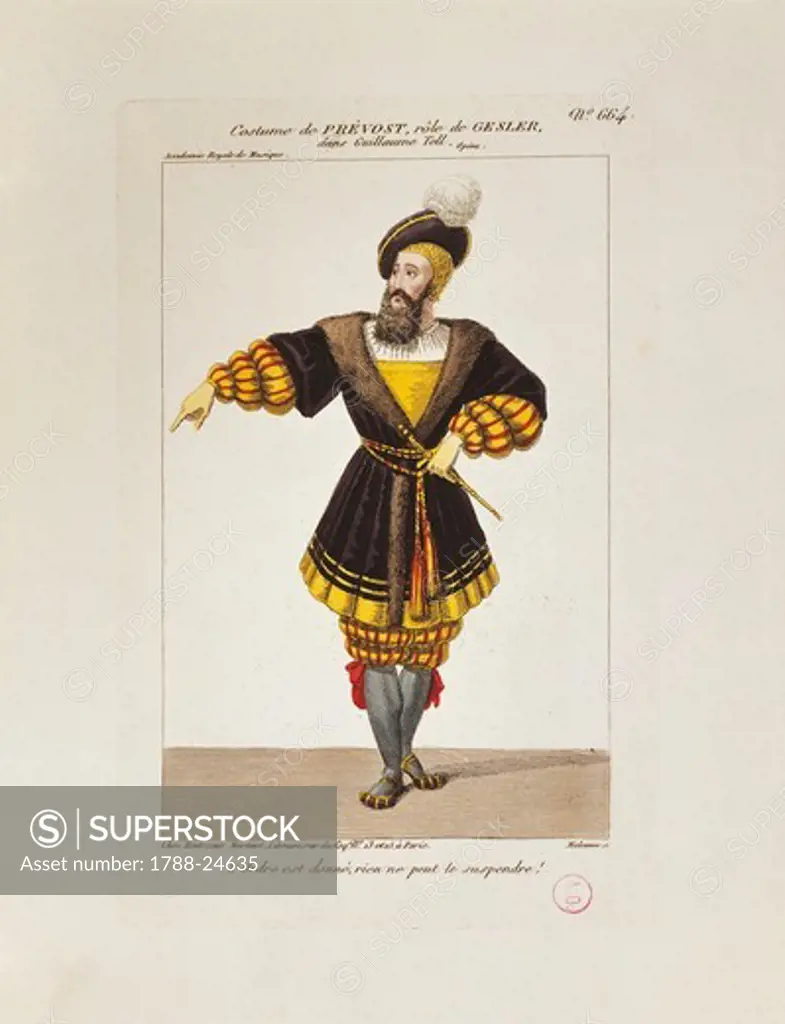 France, Paris, costume sketch for Gessler for performance William Tell at Theatre de l'Academie Royale de Musique