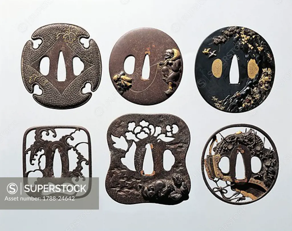 Tsuba (sword guards) in decorated, engraved and perforated iron