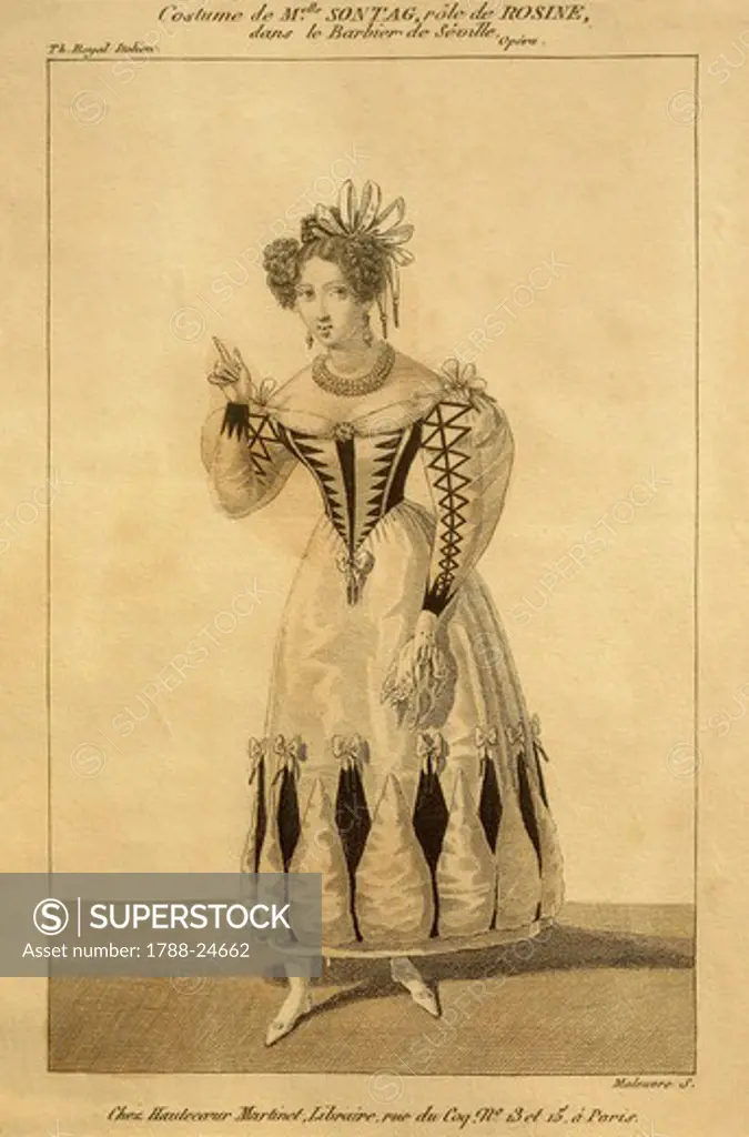 France, Paris, costume sketch for Rosina performed by soprano Sontaga for The Barber of Seville, or The Useless Precaution, at Theatre des Italiens
