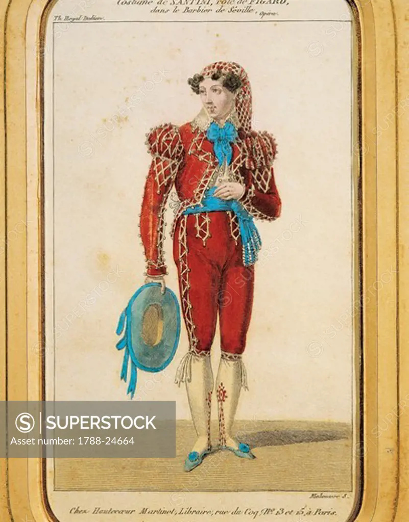 France, Paris, costume sketch for Figaro performed by Vincenzo Felice Santini for The Barber of Seville, or The Useless Precaution, at Theatre des Italiens