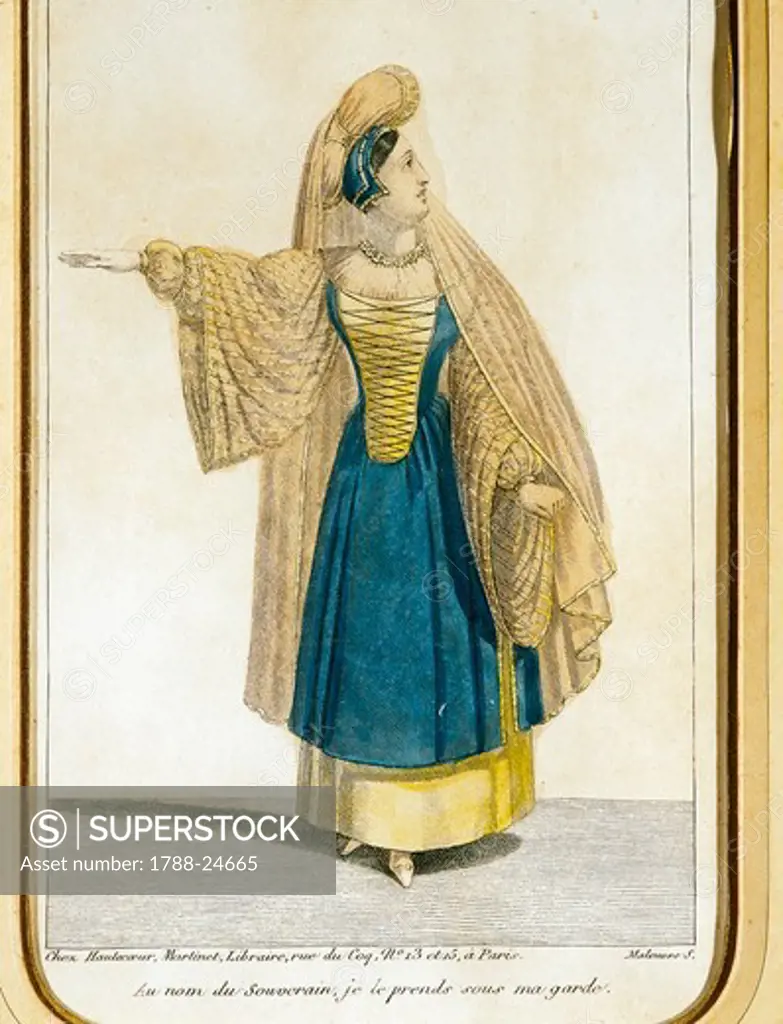 France, Paris, costume sketch for Mathilde performed by soprano Laure Cinthie Damoreau, for William Tell at Theatre de l'Academie Royale de Musique