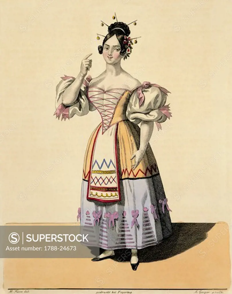 Austria, Vienna, Costume sketch for Adina for opera L'elisir d'amore (Elixir of Love) performed by Erminia Tadolini, 1833