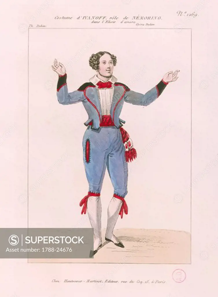 France, Paris, Costume sketch for Nemorinoin opera L'elisir d'amore (Elixir of Love) performed by Nicola Ivanoff at Paris, 1839