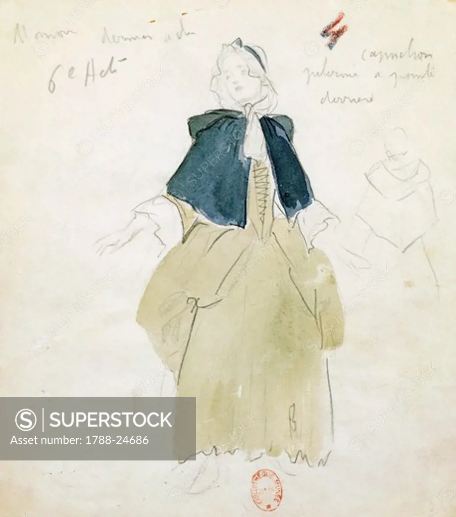 France, Paris, Costume sketch for Manon for act V in opera Manon by Jules Massenet (1842-1912), performance at Paris Opera Comique, January 28, 1950