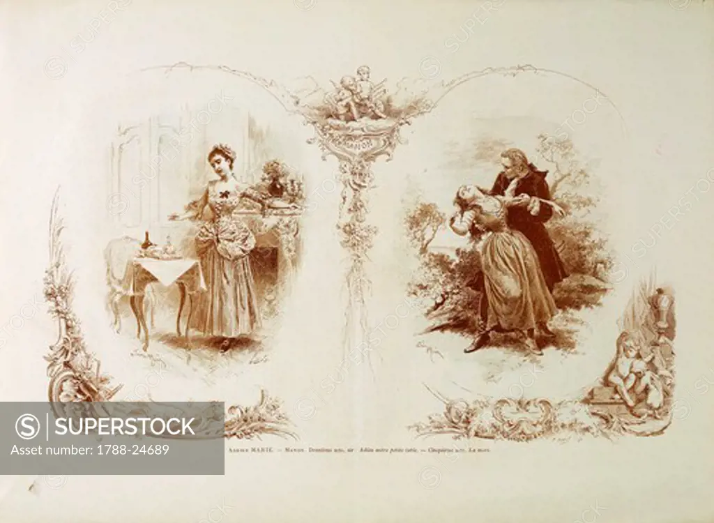 France, Paris, illustration from ""Paris Illustre"" from opera Manon by Jules Massenet (1842-1912), February 1, 1884