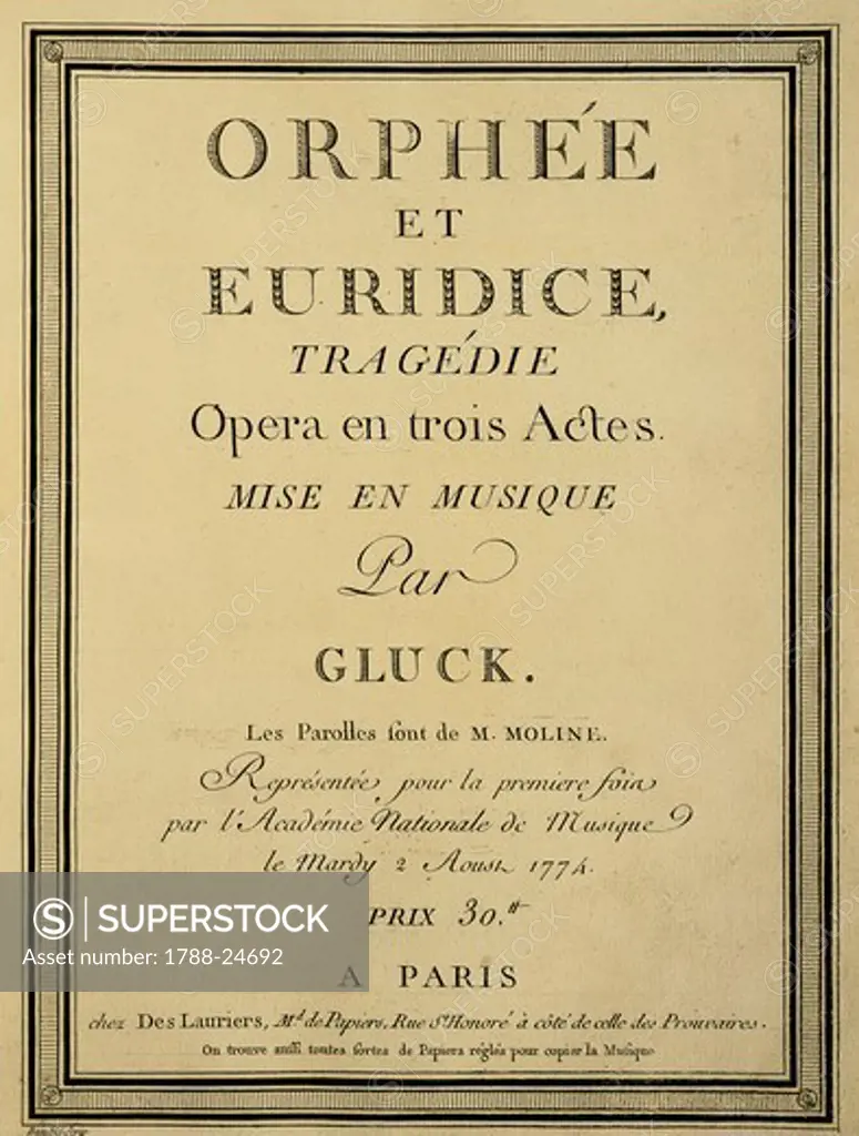 Italy, Bologna, frontispiece for opera Orfeo ed Euridice (Orpheus and Eurydice) by Christoph Willibald Gluck (1714 - 1787), Paris, 1774
