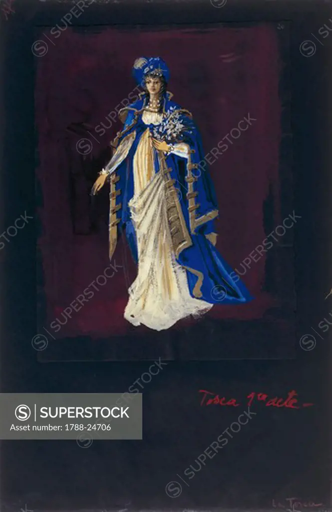 France, Paris, Costume sketch for Tosca in act I in opera ""Tosca"" by Giacomo Puccini (1858-1924), performance at Paris Opera, June 10, 1960