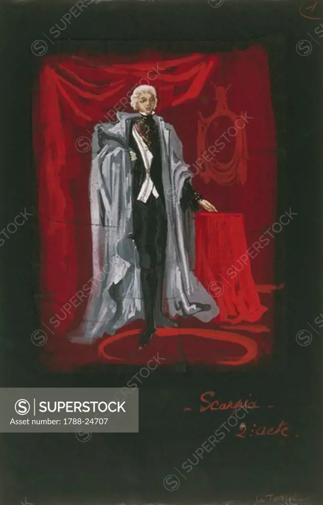 France, Paris, Costume sketch for Scarpia in opera ""Tosca"" by Giacomo Puccini (1858-1924), performance at Paris Opera, June 10, 1960