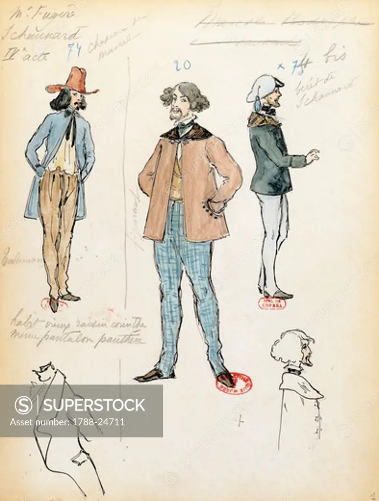 France, Paris, Costume sketch for musician Schaunard in opera La boheme by Giacomo Puccini (1858-1924), performance at Paris Opera Comique, June 13, 1898