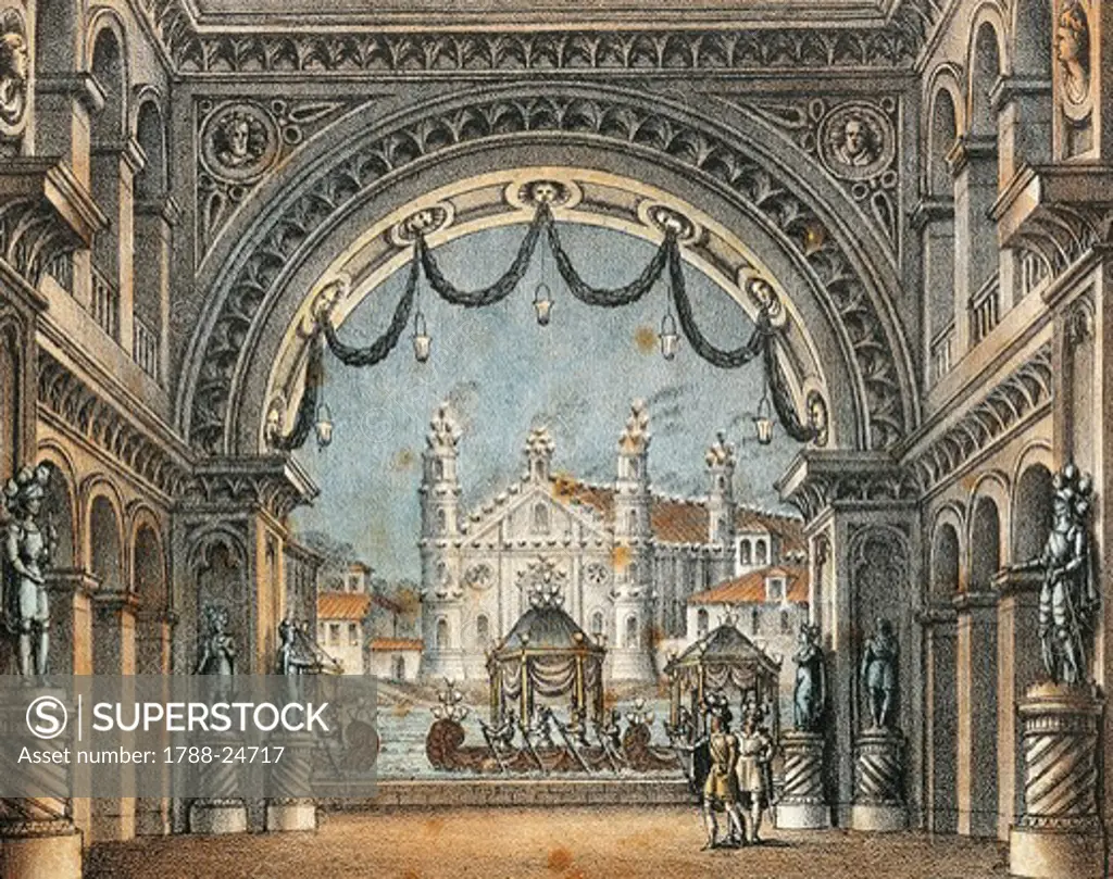 Italy, Catania, Entrance hall of Castle of Montolino, set design for opera La straniera (Stranger) by Vincenzo Bellini (1801 - 1835),performance at the Teatro alla Scala, Milan, Carnival 1829
