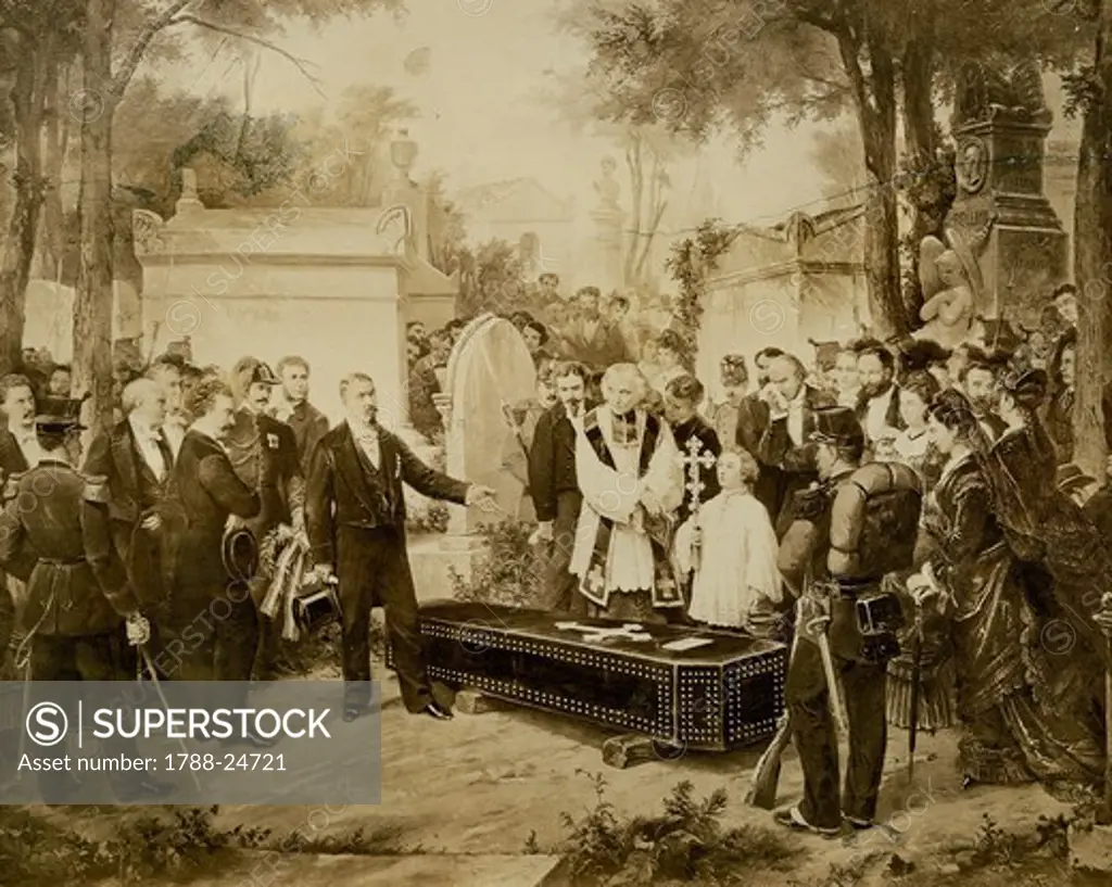 Italy, Catania, transportation of body of Italian composer Vincenzo Bellini from Paris to Catania, body is consigned from French to local authority, September 15, 1876