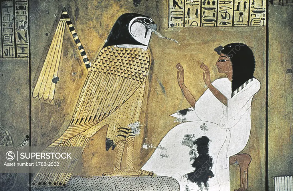 Egypt - Ancient Thebes (UNESCO World Heritage List, 1979). New Kingdom village of state labourers at Dayr al-Madinah (Deir el-Medina). Tomb of Anherkha, 20th Dynasty. Mural painting of scene from Book of the Dead, transformation into Golden Falcon