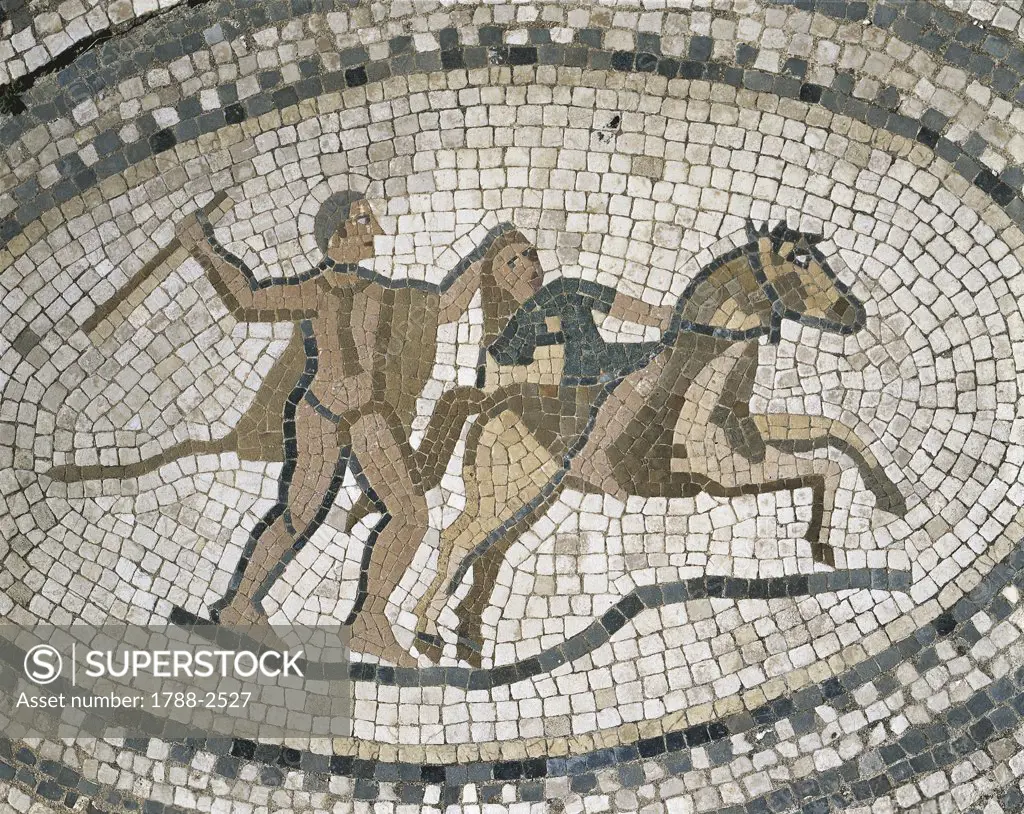 Morocco - Meknes-El Menzeh - 3rd century A.D. Ancient city of Volubilis, settled by Romans since 1st century A.D. (UNESCO World Heritage List, 1997). Labours of Hercules house, Hercules kills King Diomedes on a horse. Mosaic detail