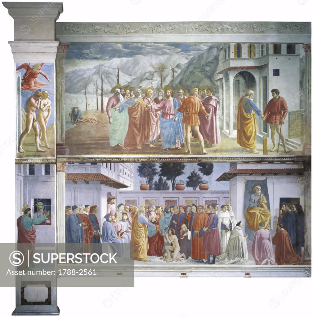 Italy - Tuscany region - Florence - Santa Maria del Carmine - Brancacci Chapel. Masaccio (1401-1428) and Filippino Lippi (c. 1457-1504), fresco, digital reconstruction