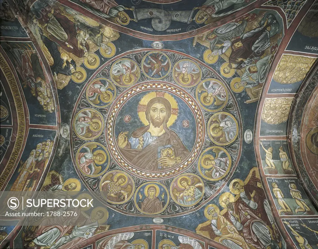 Low angle view of paintings on a cupola in a church, Panagia Ties Asinou Church, Nikitart, Cyprus
