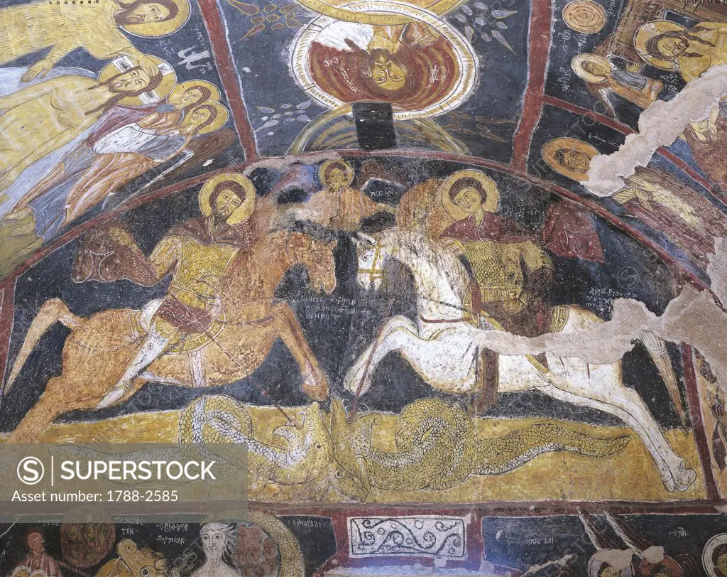 Turkey - Cappadocia - Gulsehir. Karsi Kilise (St. John's church). The Last Judgement, fresco depicting St. George and St. Michael defeating two dragons.