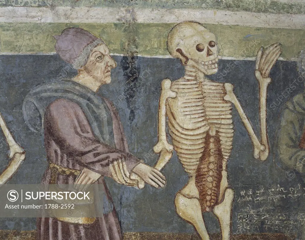 Slovenia - Hrastovlje. Trinity Church. 'Dance of death. Death and doctor'. Fresco by Janez of Kastav, detail (1490)