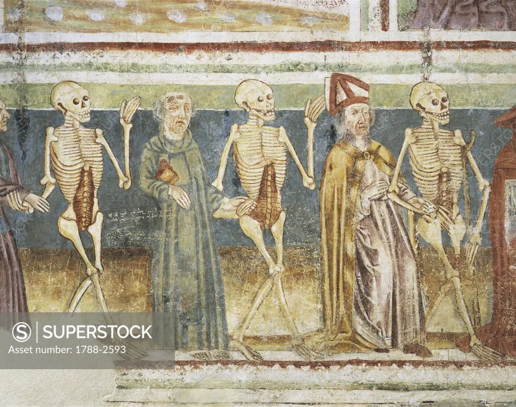 Slovenia - Hrastovlje. Trinity Church. 'Dance of death. Death, bishop and cleric'.  Fresco by Janez of Kastav, detail (1490)