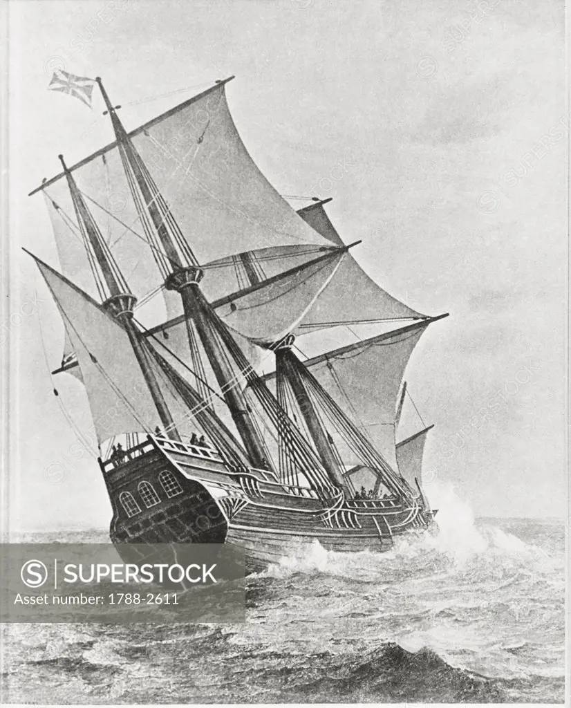 Civil Navy - 17th century. English ship 'Mayflower' chartered by the so called 'Pilgrim Fathers' to sail to America (1620)