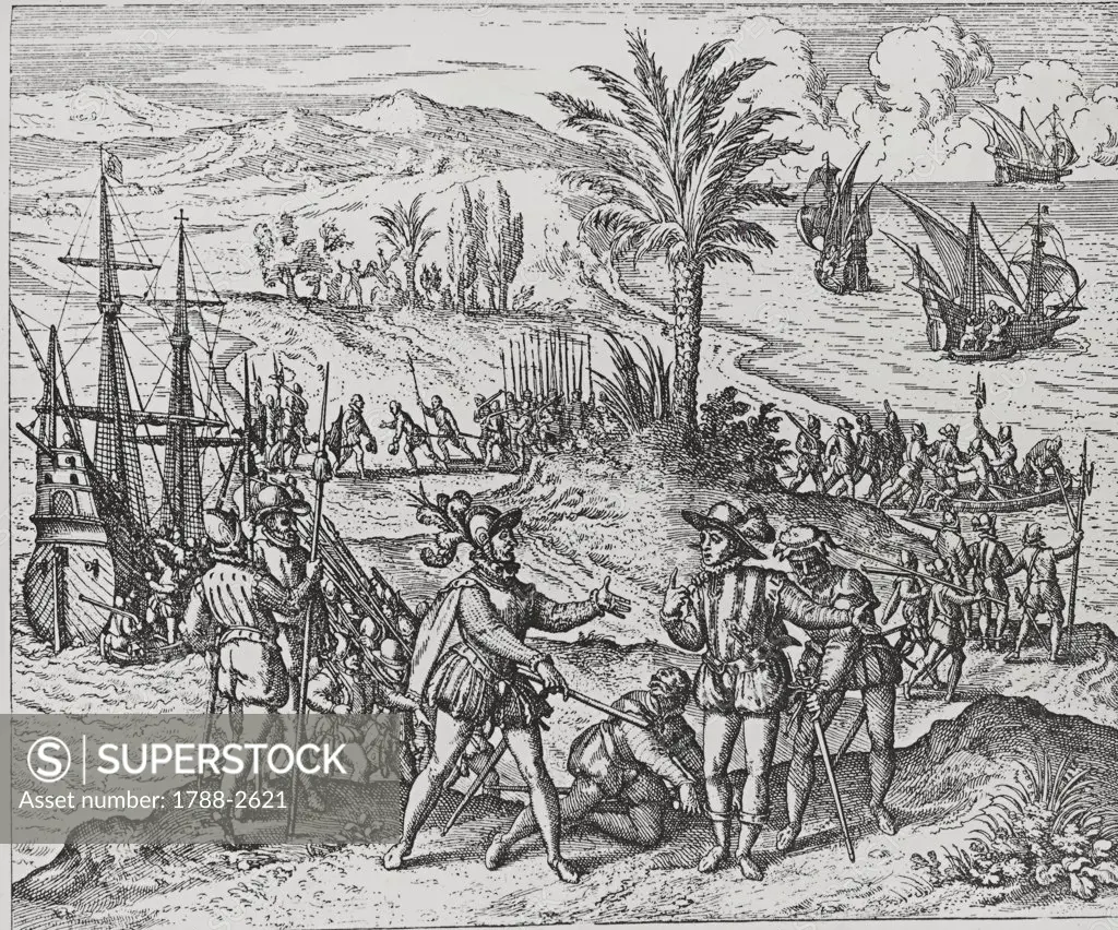 History of exploration - 16th century - Christopher Columbus arrested in Hispaniola, 1500. Engraving from Americae Partes, Frankfurt, 1590