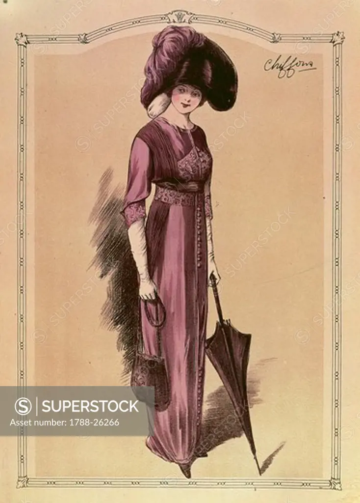Fashion, France, 20th century. Women's fashion plate depicting walking dress in purple chiffon with coordinated headdress, parasol and  handbag. Paris, 1911.