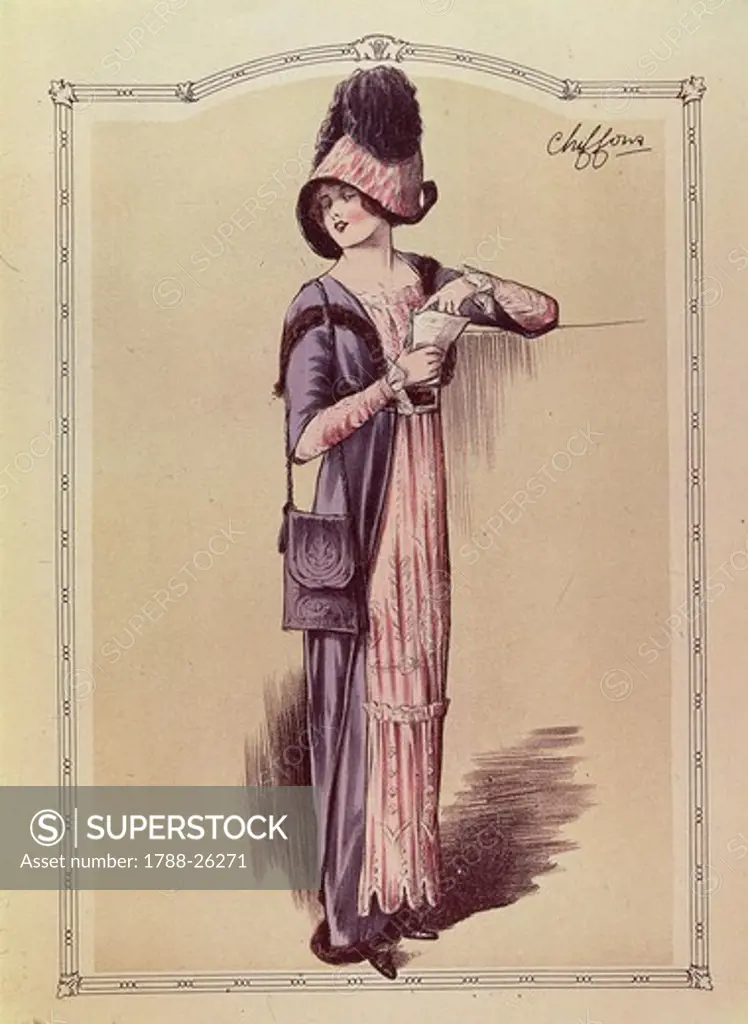 Fashion, France, 20th century. Women's fashion plate depicting pink dress and hat with purple overdress and mantle. Paris, 1911.