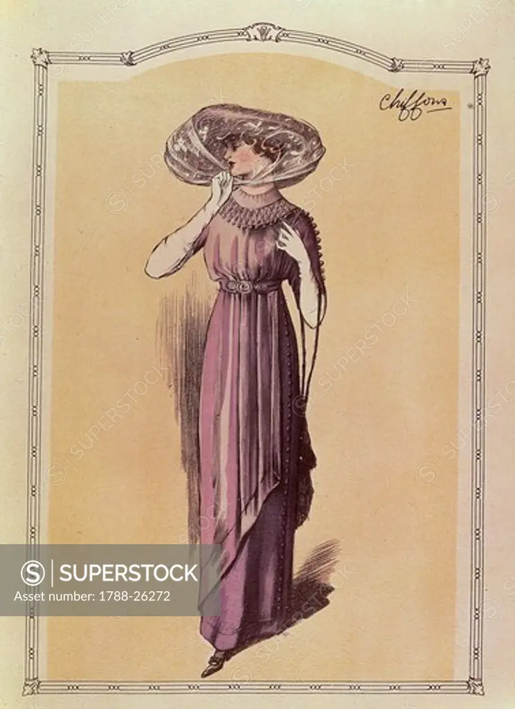 Fashion, France, 20th century. Women's fashion plate depicting dress with wide hat ornamented with embroidered veil. Paris, 1911.