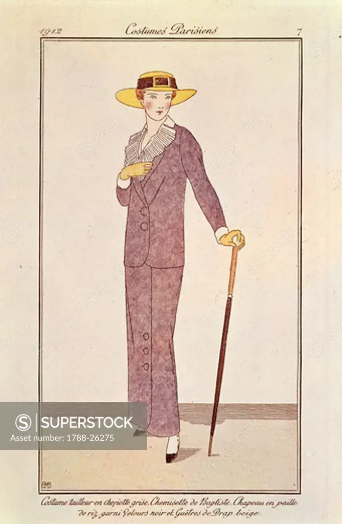 Fashion, France, 20th century. Women's fashion plate depicting grey suit, batiste shirt, rice straw hat and beige cloth gaiters. From Costume Parisien, Paris, 1912.