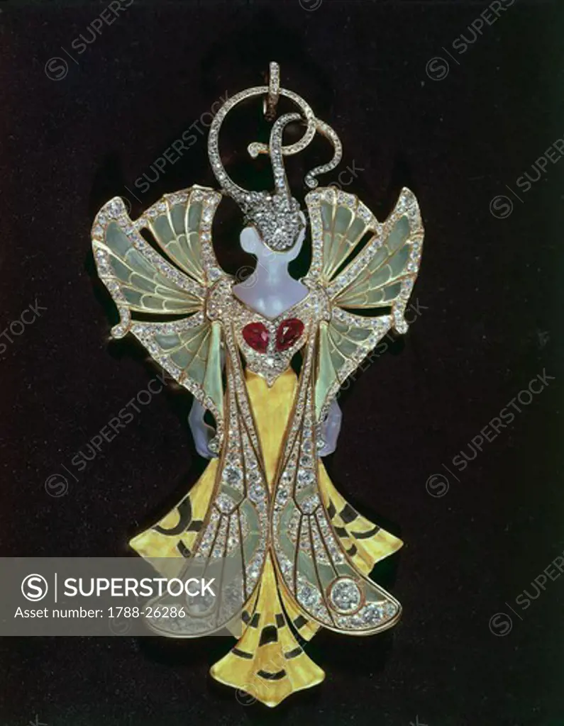 Goldsmith's art, 20th century. Henri (1853-1942) and Paul Vever (1851-1915), Liberty style enamelled gold, ivory, diamonds and pearls pendant. Presented at the Expo (World's Fair) in 1900.