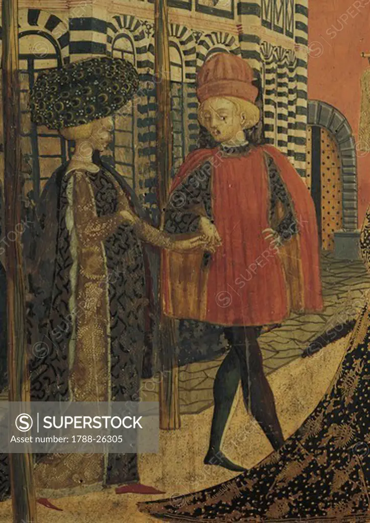 Master of Cassone Adimari, possibly Giovanni di Ser Giovanni, called lo Scheggia (1406-1486), Cassone Adimari, 1440-1450, tempera on panel, 88.5x303 cm. Detail depicting a couple.