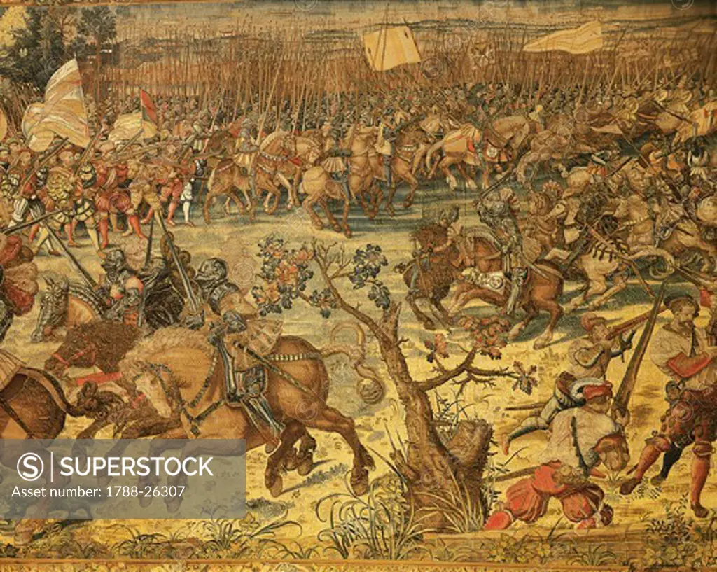 Flemish tapestry based on cartoons by Bernaert van Orley representing Charles V Imperial troops advance at the battle of Pavia, 1525, Flanders 16th century.