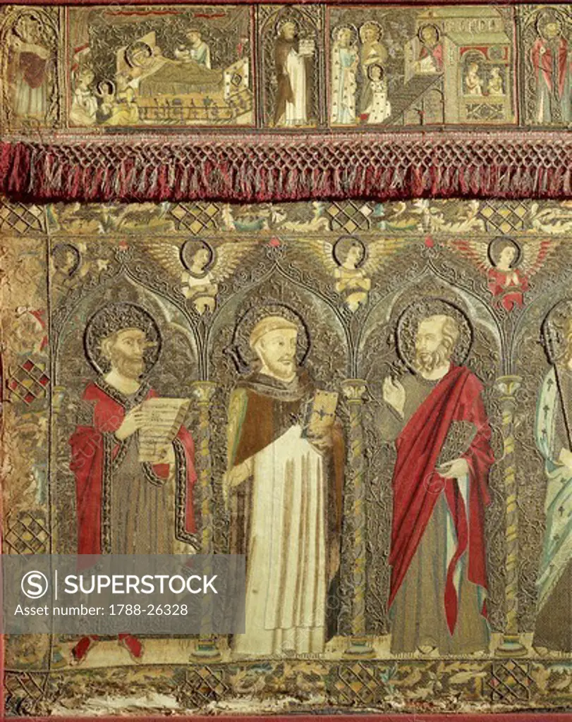 Jacopo Cambi (14th century), Frontal depicting the Coronation of the Virgin between eight angels and fourteen Saints, 1366, embroidered with silk and gold threads. Detail.